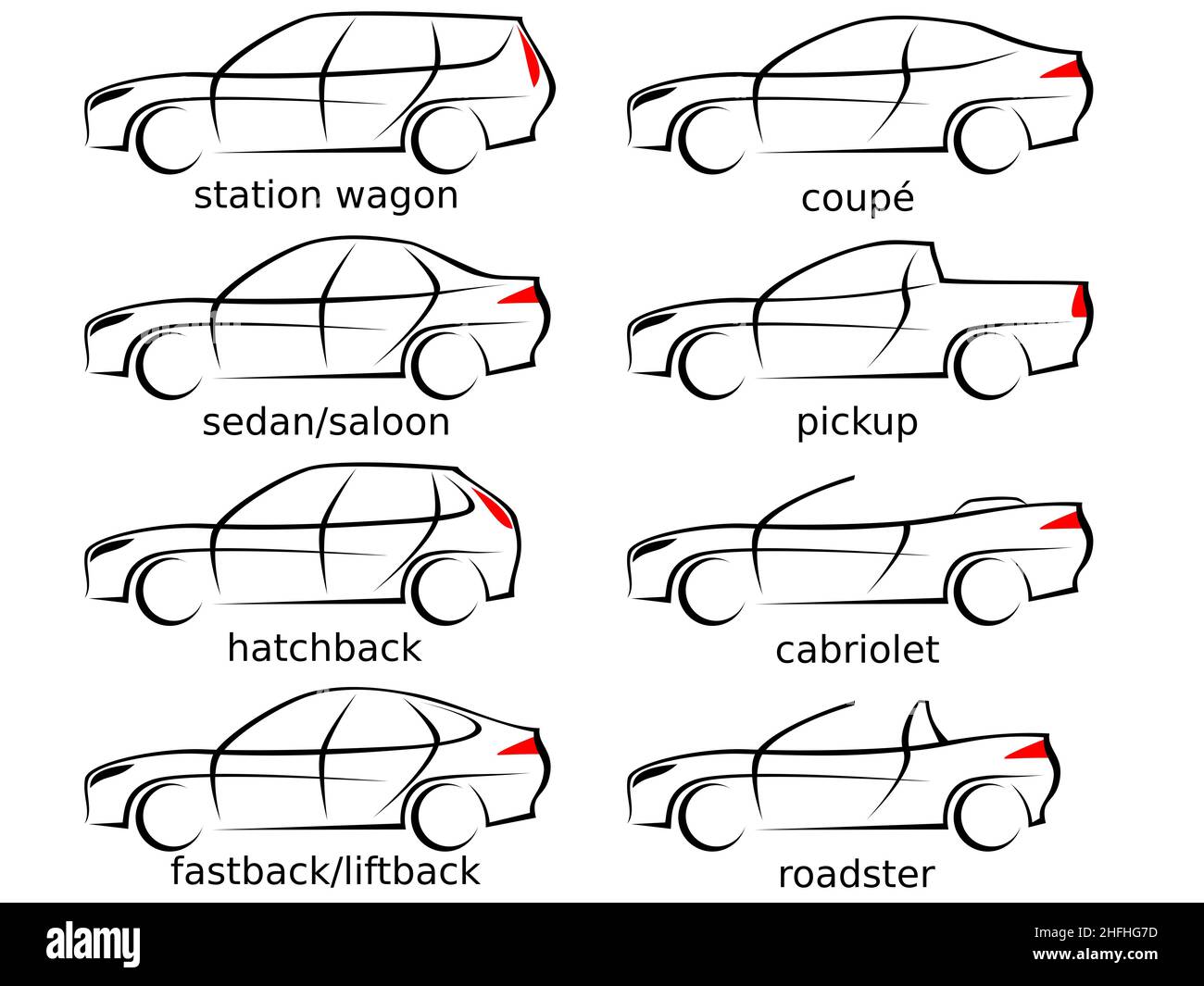 Ensemble de huit formes de voiture différentes comme une illustration vectorielle avec des lignes aérodynamiques modernes Banque D'Images