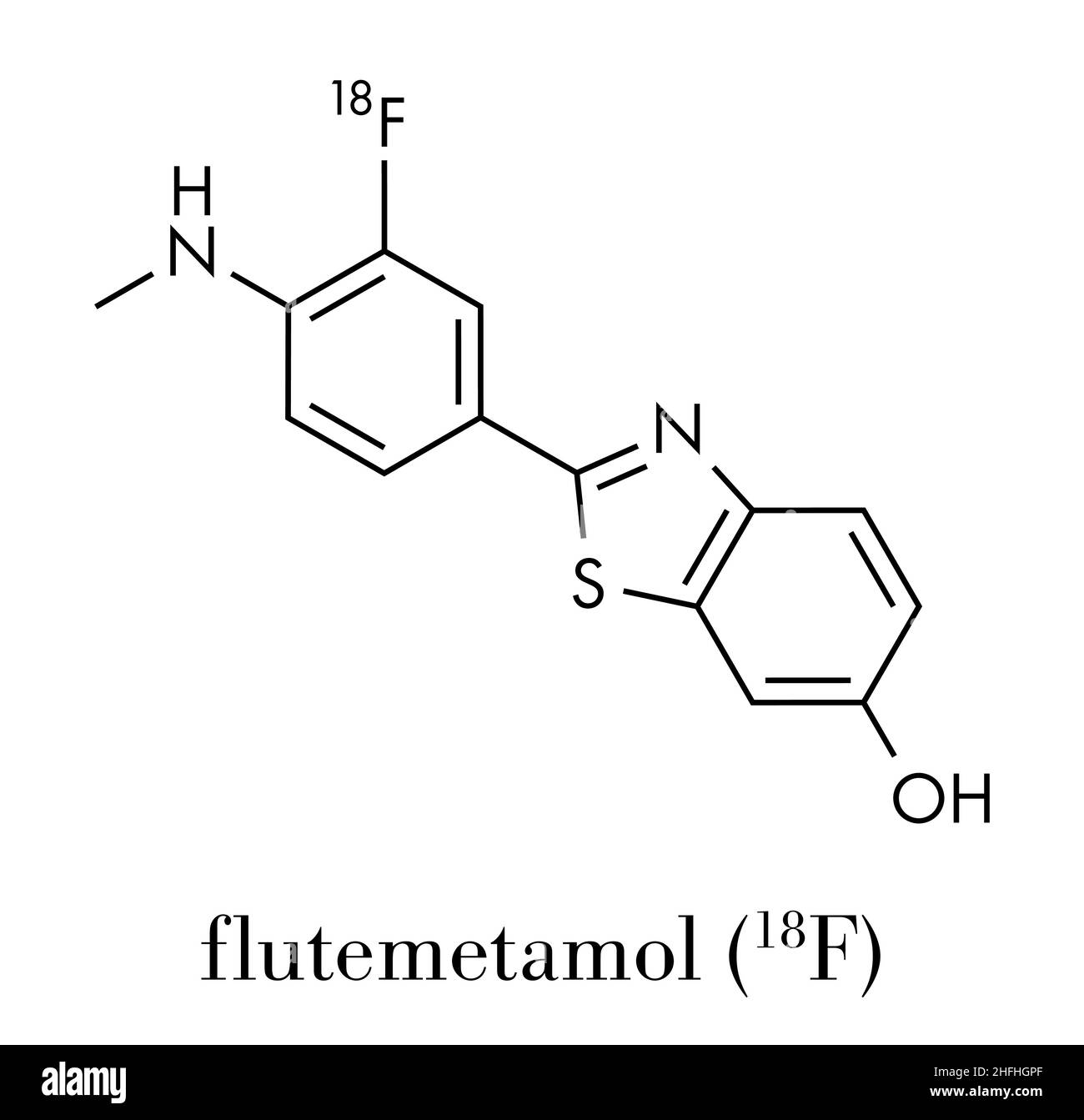 Flutemetimol (18F) molécule de traceur PET.Utilisé pour diagnostiquer la maladie d'Alzheimer.Formule squelettique. Illustration de Vecteur