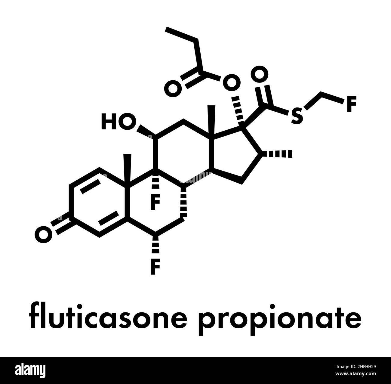 Propionate de fluticasone, molécule de corticostéroïde.Formule squelettique. Illustration de Vecteur