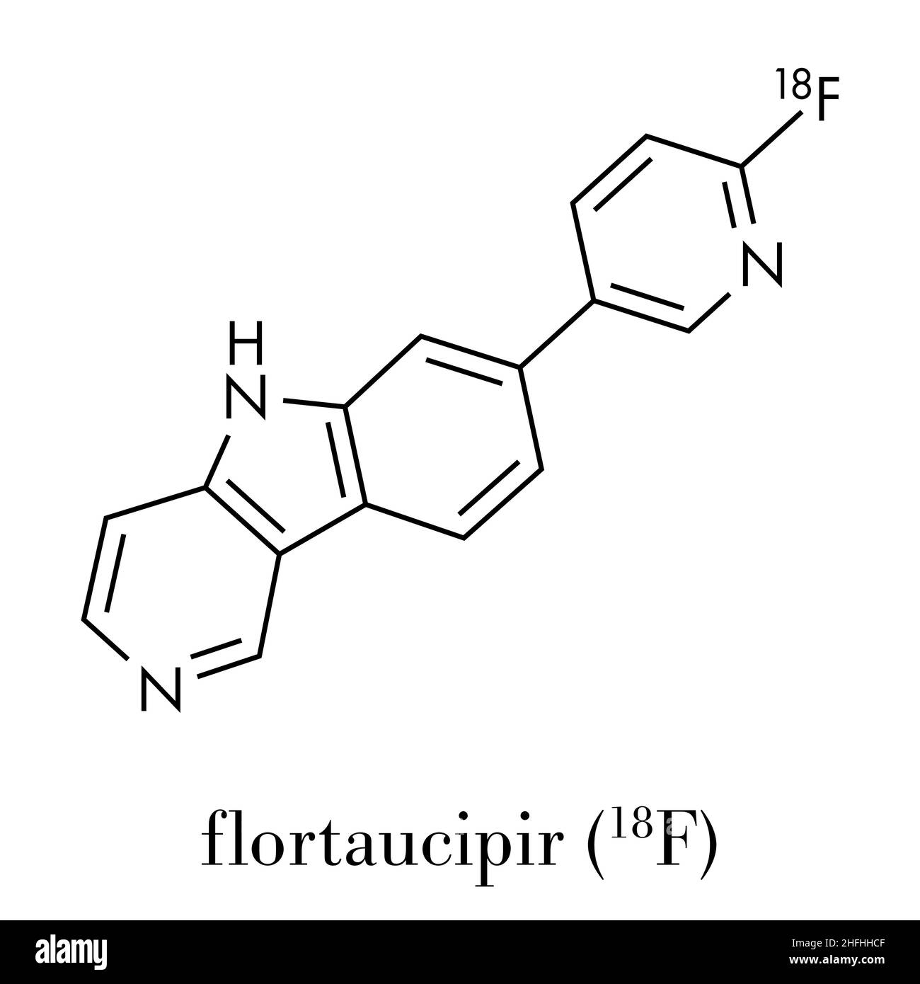 Molécule de diagnostic Flortaucipir (18F). Agent de diagnostic radioactif utilisé pour l'imagerie de la pathologie du tau dans la maladie d'Alzheimer. Formule squelettique. Illustration de Vecteur