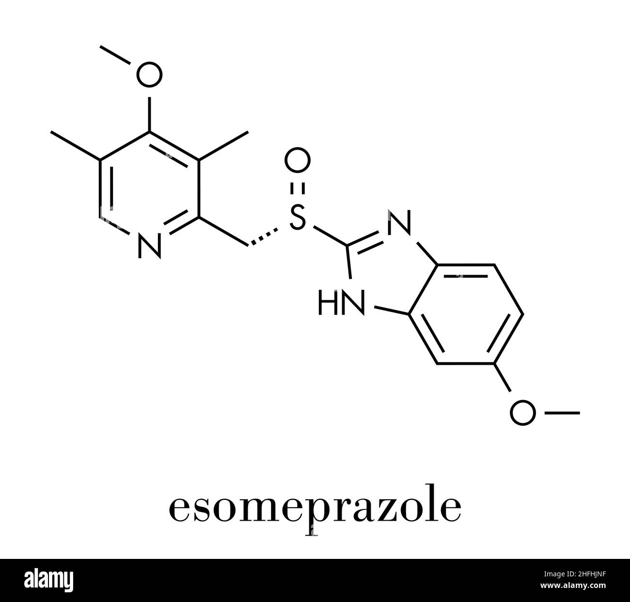 Molécule d'ulcère peptique de l'esoméprazole (inhibiteur de la pompe à protons).Formule squelettique. Illustration de Vecteur