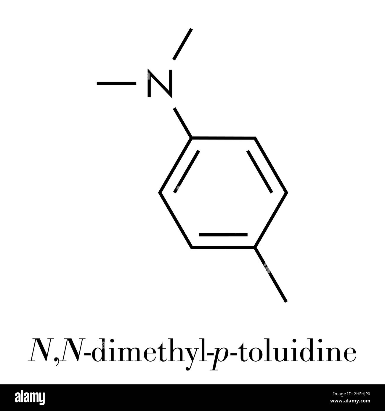 Molécule de N,N-diméthyl-p-toluidine (DMPT). Couramment utilisé comme catalyseur dans la production de polymères et dans les matériaux dentaires et les ciments osseux. Squelette f Illustration de Vecteur