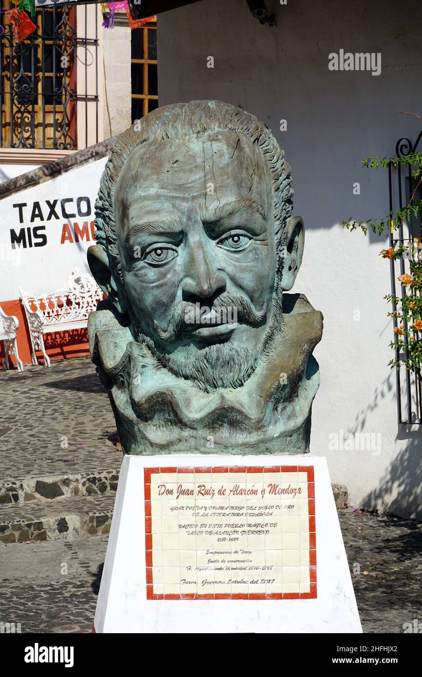 Statue de Don Juan Ruiz de Alarcon y Mendoza, Taxco de Alarcon, État de Guerrero, Mexique, Amérique du Nord Banque D'Images