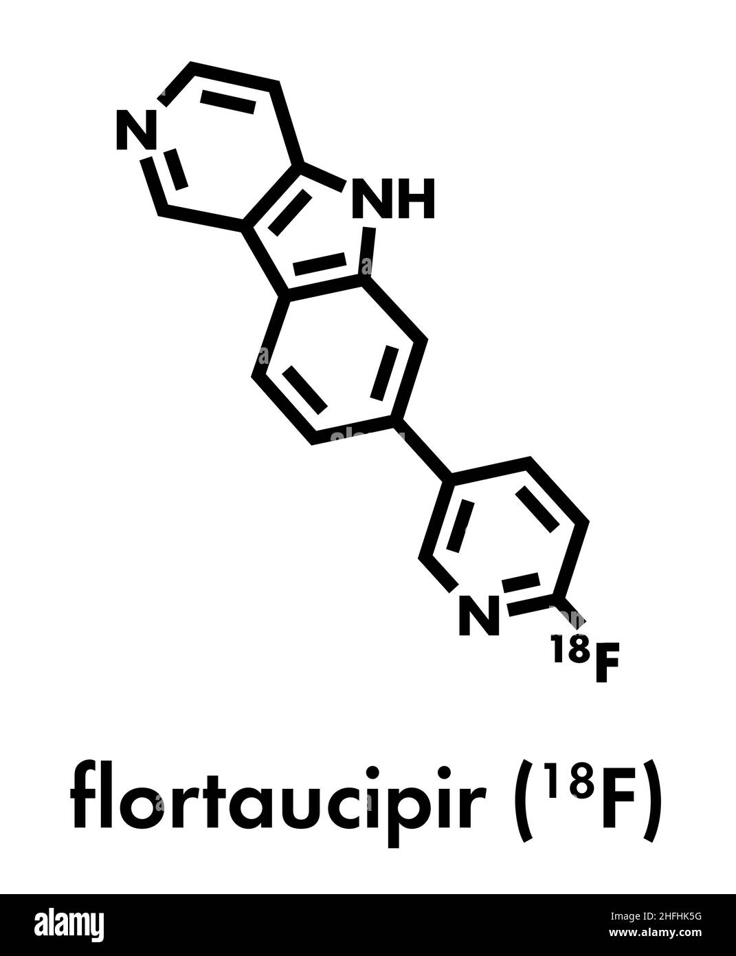 Molécule de diagnostic Flortaucipir (18F). Agent de diagnostic radioactif utilisé pour l'imagerie de la pathologie du tau dans la maladie d'Alzheimer. Formule squelettique. Illustration de Vecteur
