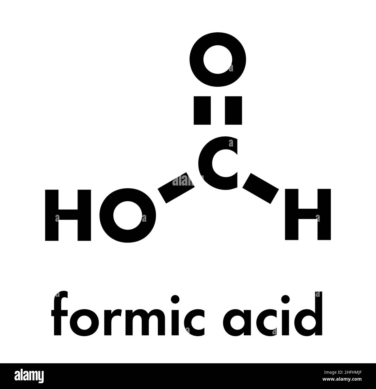 Molécule d'acide formique. Présent dans le venin fourmis et dans l'ortie picole. Formule du squelette. Illustration de Vecteur