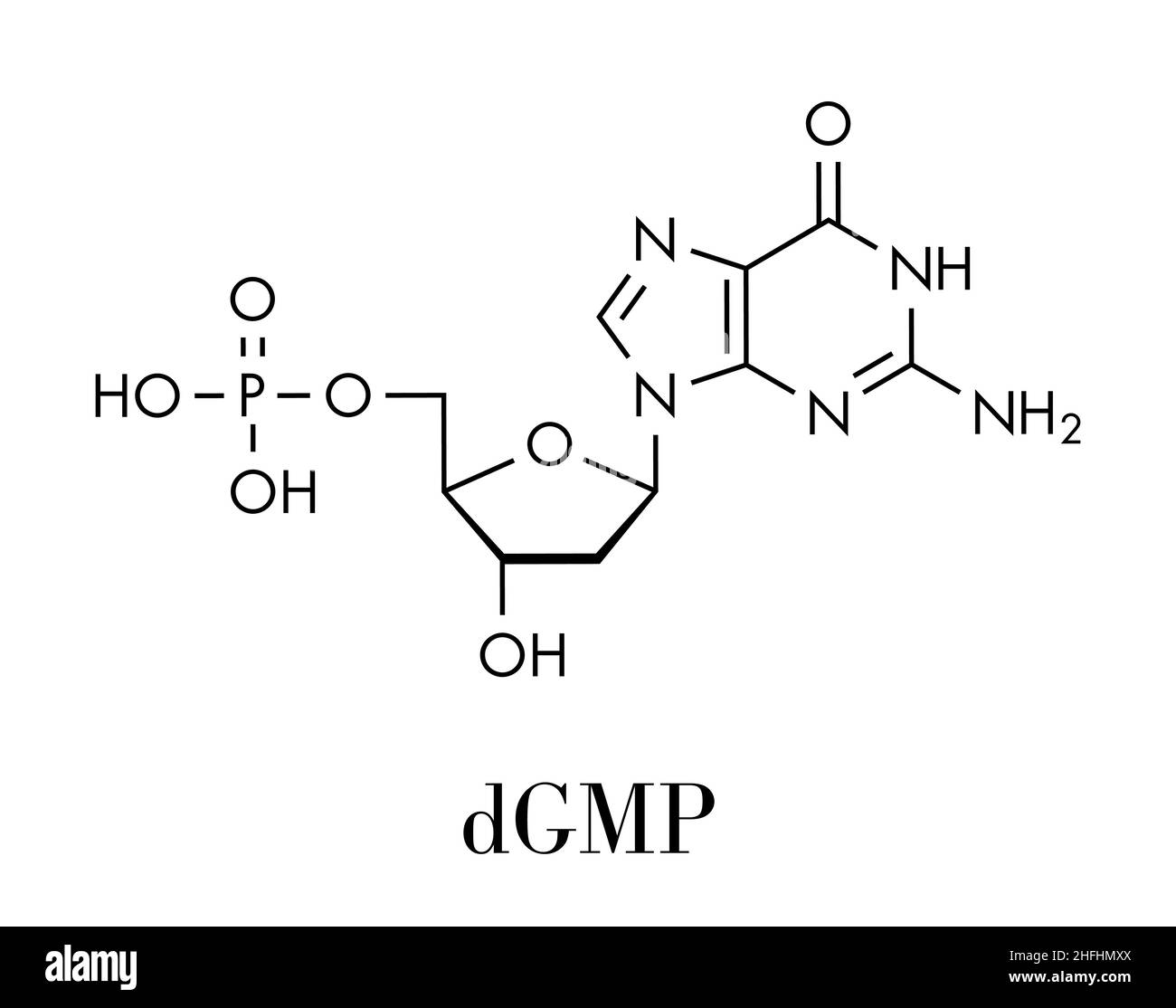 Molécule de nucléotides désoxyguanosine monophosphate (DGMP). Bloc de construction de l'ADN. Formule du squelette. Illustration de Vecteur