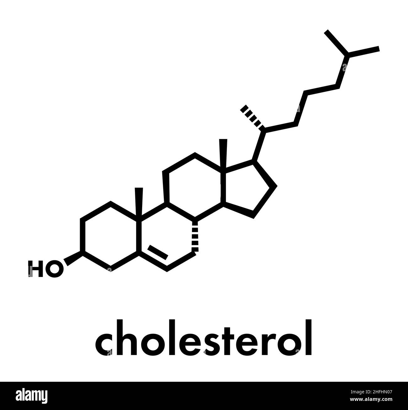 Molécule de cholestérol. Composant essentiel des membranes cellulaires et précurseur des hormones stéroïdes, des acides biliaires et de la vitamine D. Formule squelette. Illustration de Vecteur