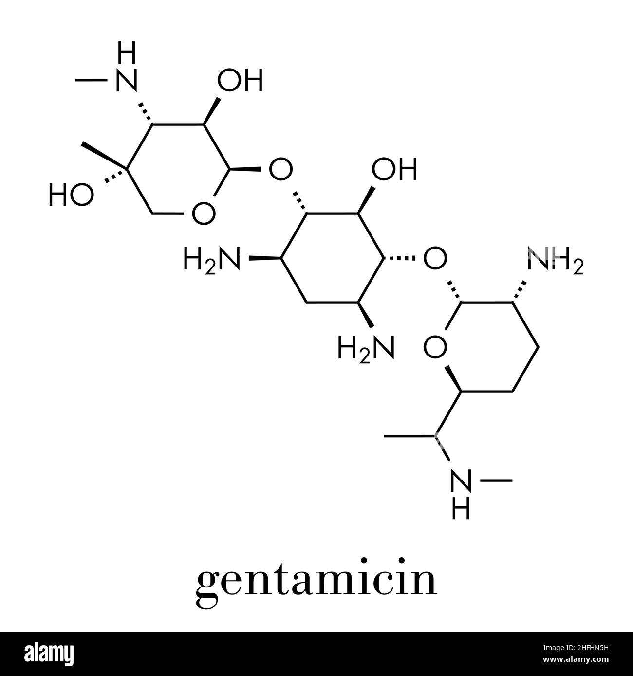 Médicament antibiotique gentamicine (classe des aminoglycosides) molécule. Formule topologique. Illustration de Vecteur