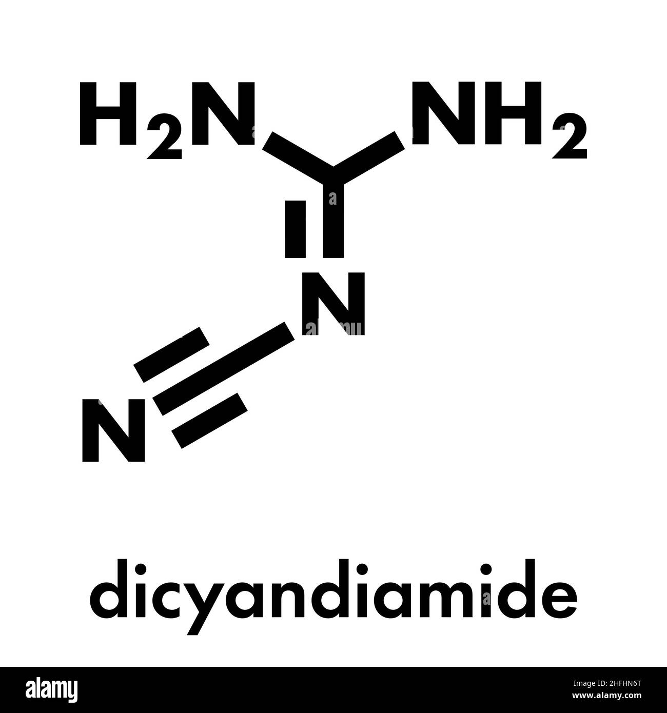 Molécule de dicyandiamide (2-cyanoguanidine, DCD).Utilisé comme engrais et dans la synthèse chimique.Formule squelettique. Illustration de Vecteur