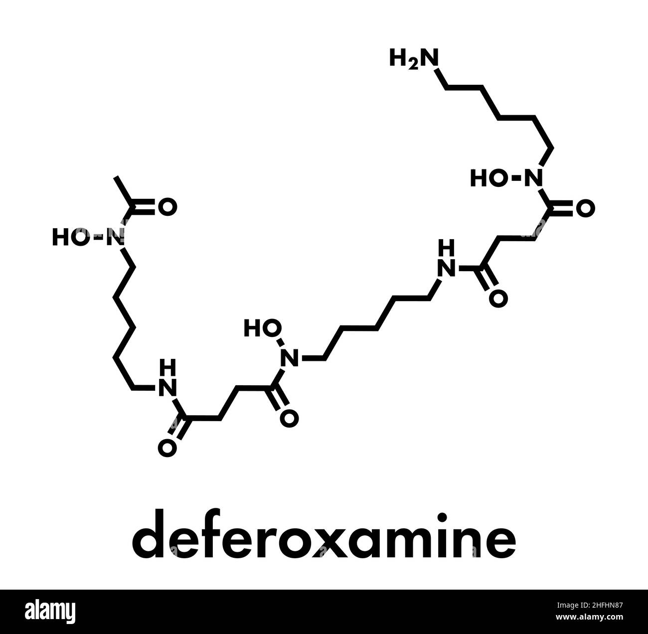 Molécule de médicament déféroxamine.Utilisé pour traiter l'empoisonnement au fer (hémochromatose).Formule squelettique. Illustration de Vecteur