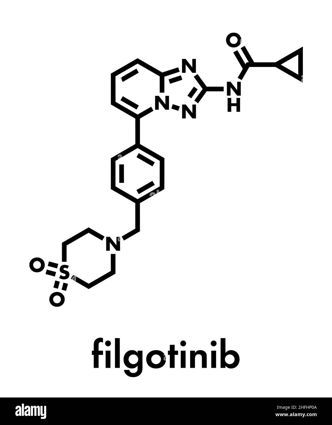 Molécule anti-inflammatoire de Filgotinib.L'inhibiteur Janus kinase 1 est utilisé dans le traitement de la polyarthrite rhumatoïde et de la maladie de Crohn.Formule squelettique. Illustration de Vecteur