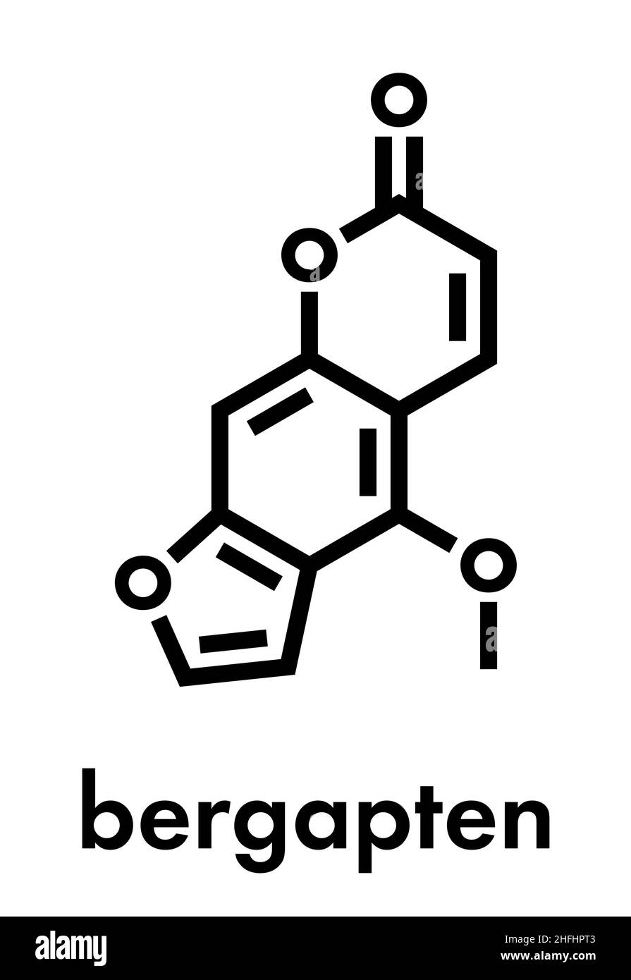 Molécule de bergapten ou de 5-méthoxypsoralen.Photosensibilisant présent dans plusieurs plantes, responsable de la phytophotodermatite.Formule squelettique. Illustration de Vecteur