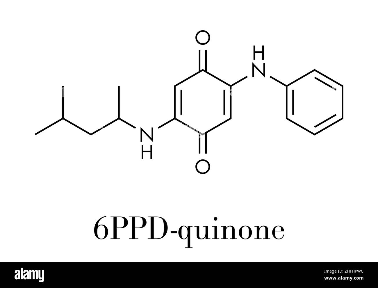 6PPD-quinone, produit de dégradation de l'additif pour caoutchouc 6PPD. Toxique pour le saumon. Formule squelettique. Illustration de Vecteur