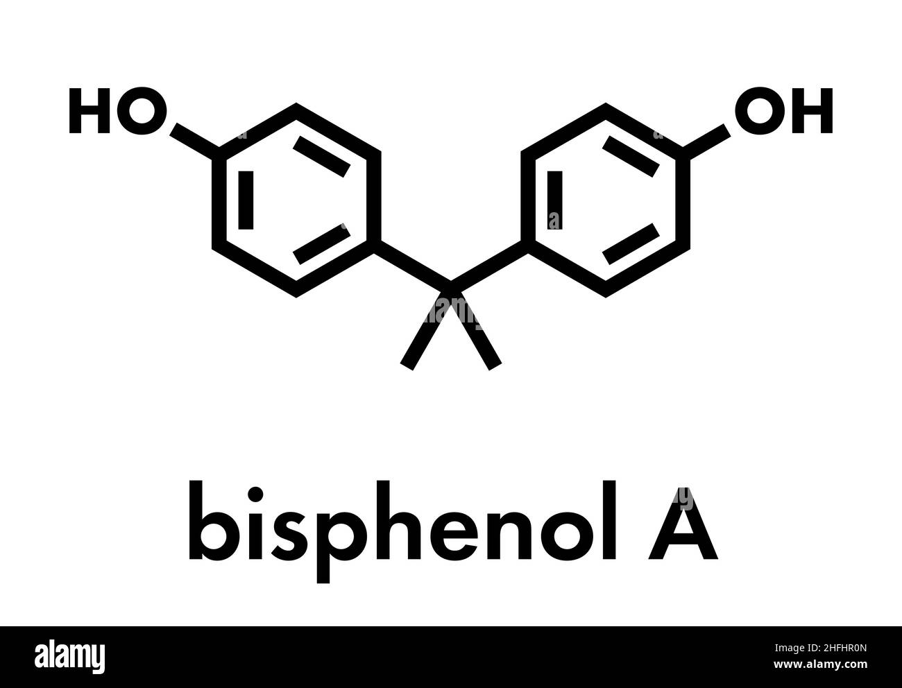 Molécule de polluant plastique bisphénol A (BPA). Les produits chimiques souvent présents dans les plastiques en polycarbonate ont des effets perturbateurs de l'œstrogène. Formule du squelette. Illustration de Vecteur