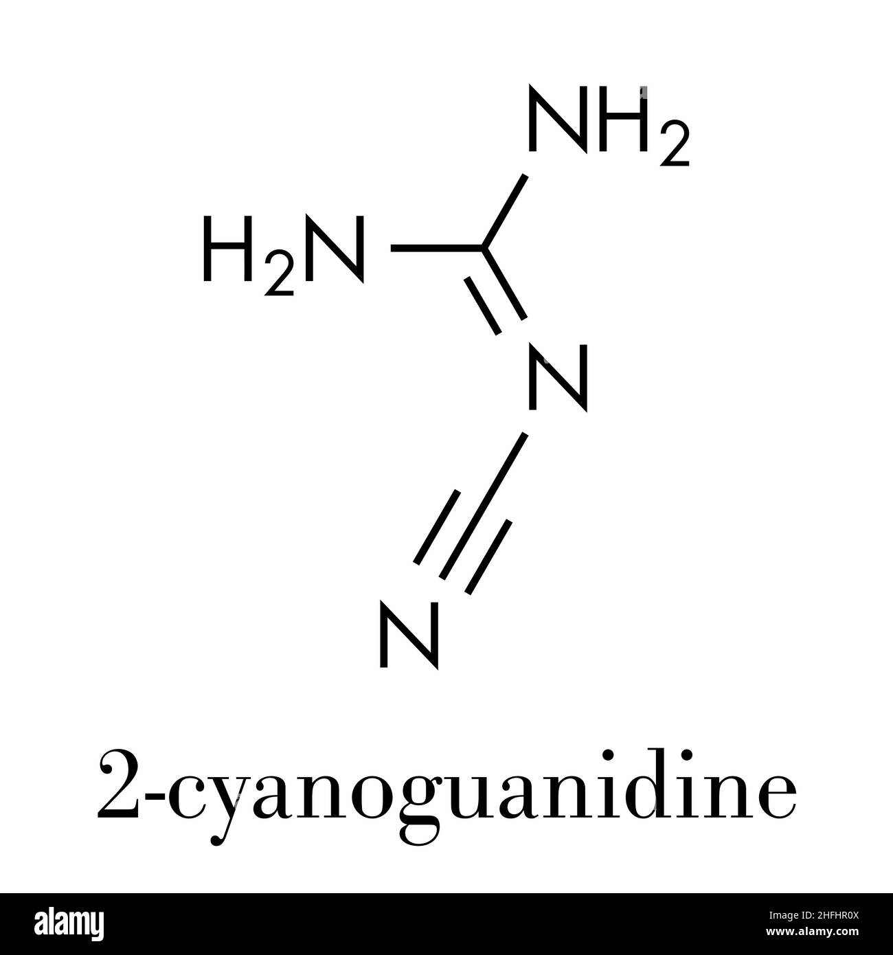 Molécule de dicyandiamide (2-cyanoguanidine, DCD).Utilisé comme engrais et dans la synthèse chimique.Formule squelettique. Illustration de Vecteur