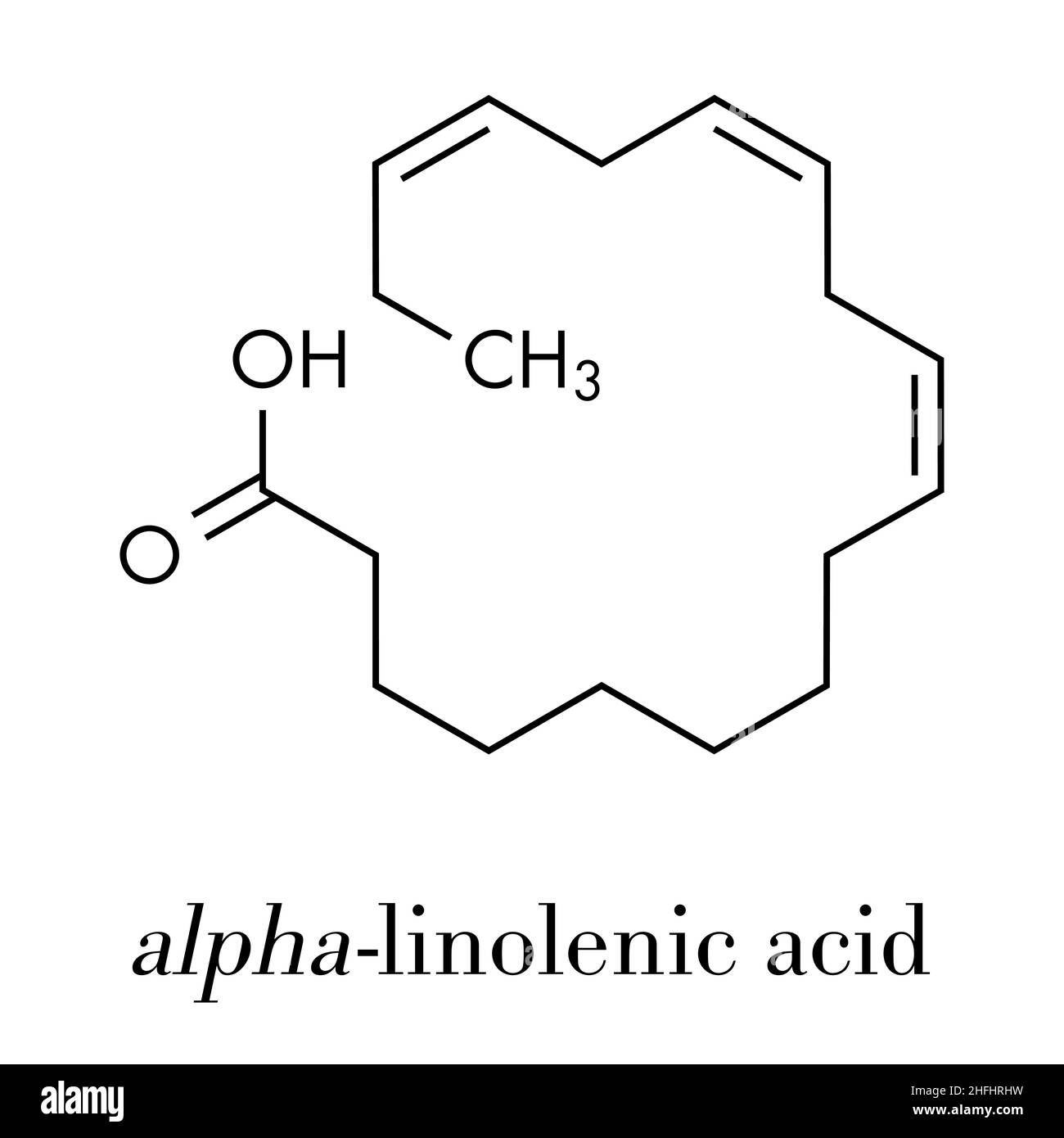 Molécule d'acide alpha-linolénique (ALA). Acides gras oméga-3 polyinsaturés essentiels, présents dans de nombreuses huiles végétales. Formule du squelette. Illustration de Vecteur