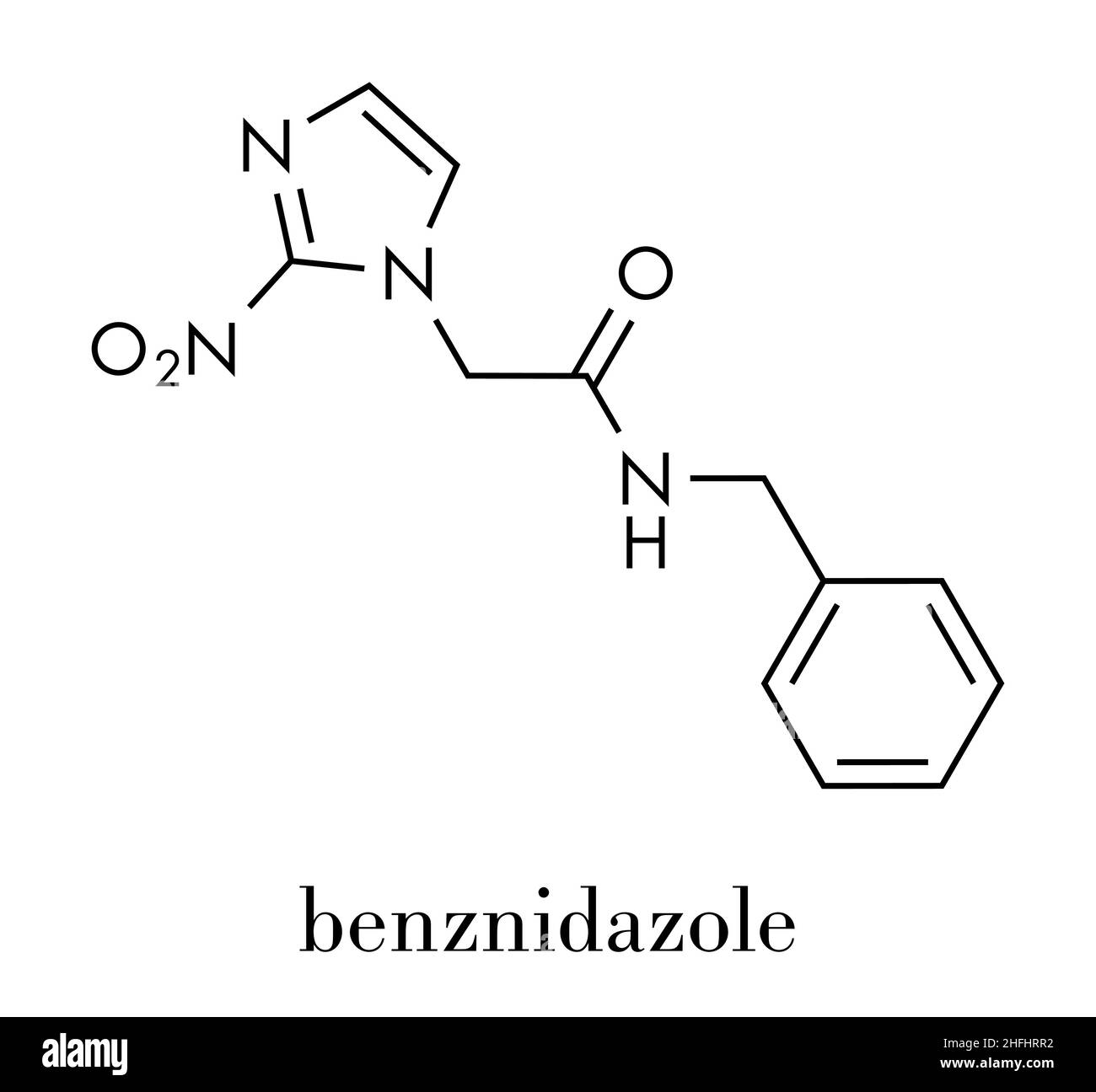 Molécule antiparasite de Benznidazole.Utilisé dans le traitement de la maladie de Chagas (Trypanosoma cruzi).Formule squelettique. Illustration de Vecteur