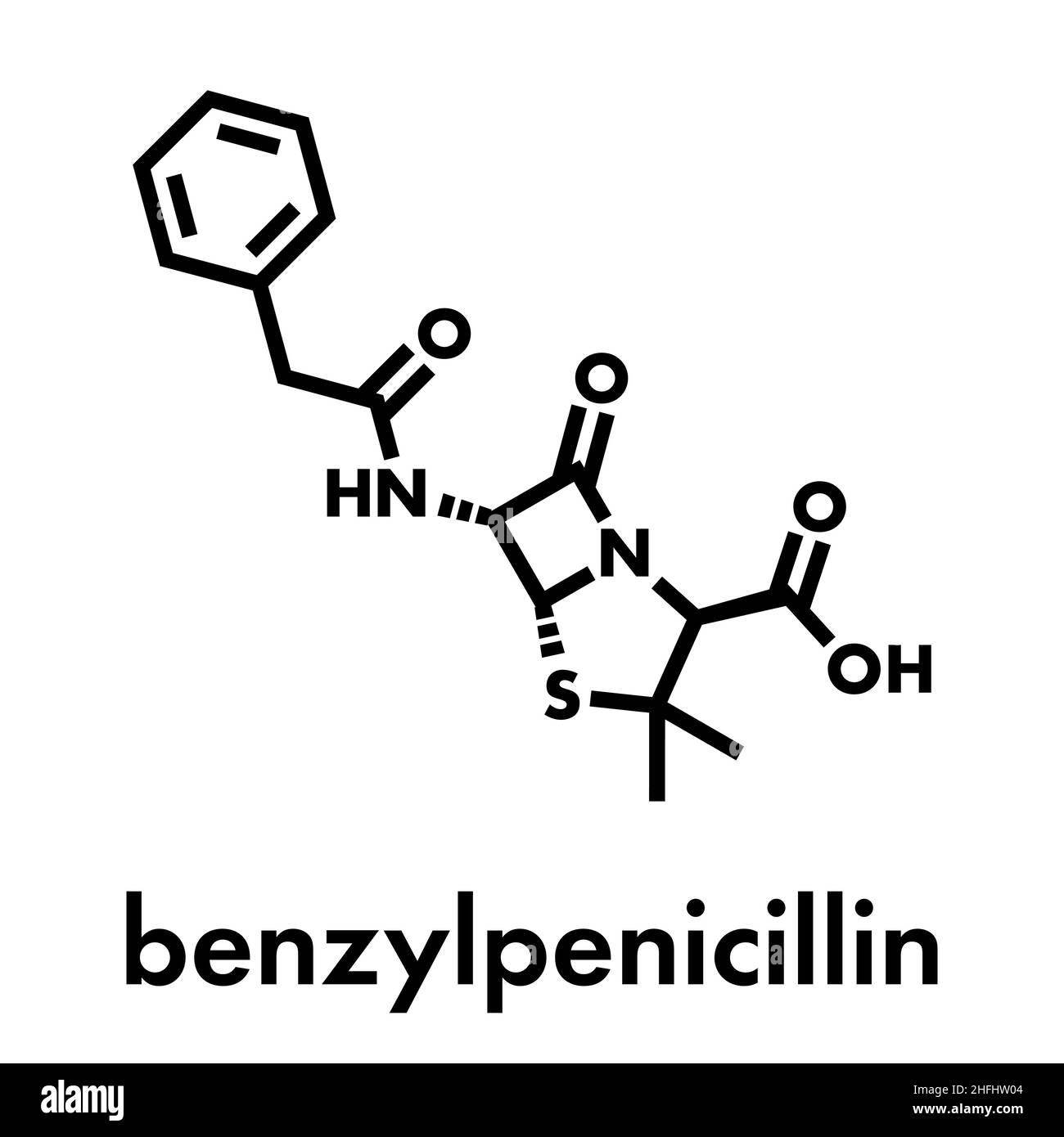 La pénicilline G (benzylpenicillin) molécule d'antibiotiques. Utilisé pour traiter des infections bactériennes ; appartient à la classe des bêta-lactamines. Formule topologique. Illustration de Vecteur