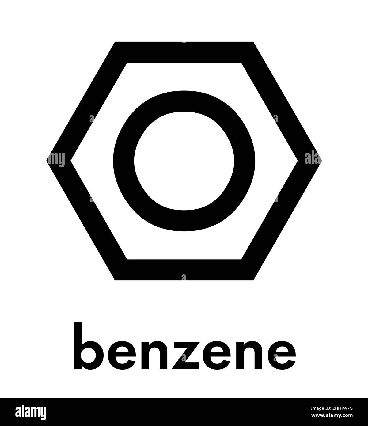 Molécule d'hydrocarbure aromatique de benzène. Important en pétrochimie, composant de l'essence. Formule du squelette. Illustration de Vecteur