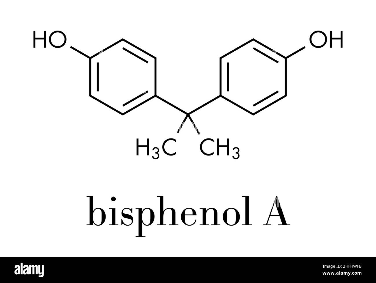 Molécule de polluant plastique bisphénol A (BPA). Les produits chimiques souvent présents dans les plastiques en polycarbonate ont des effets perturbateurs de l'œstrogène. Formule du squelette. Illustration de Vecteur