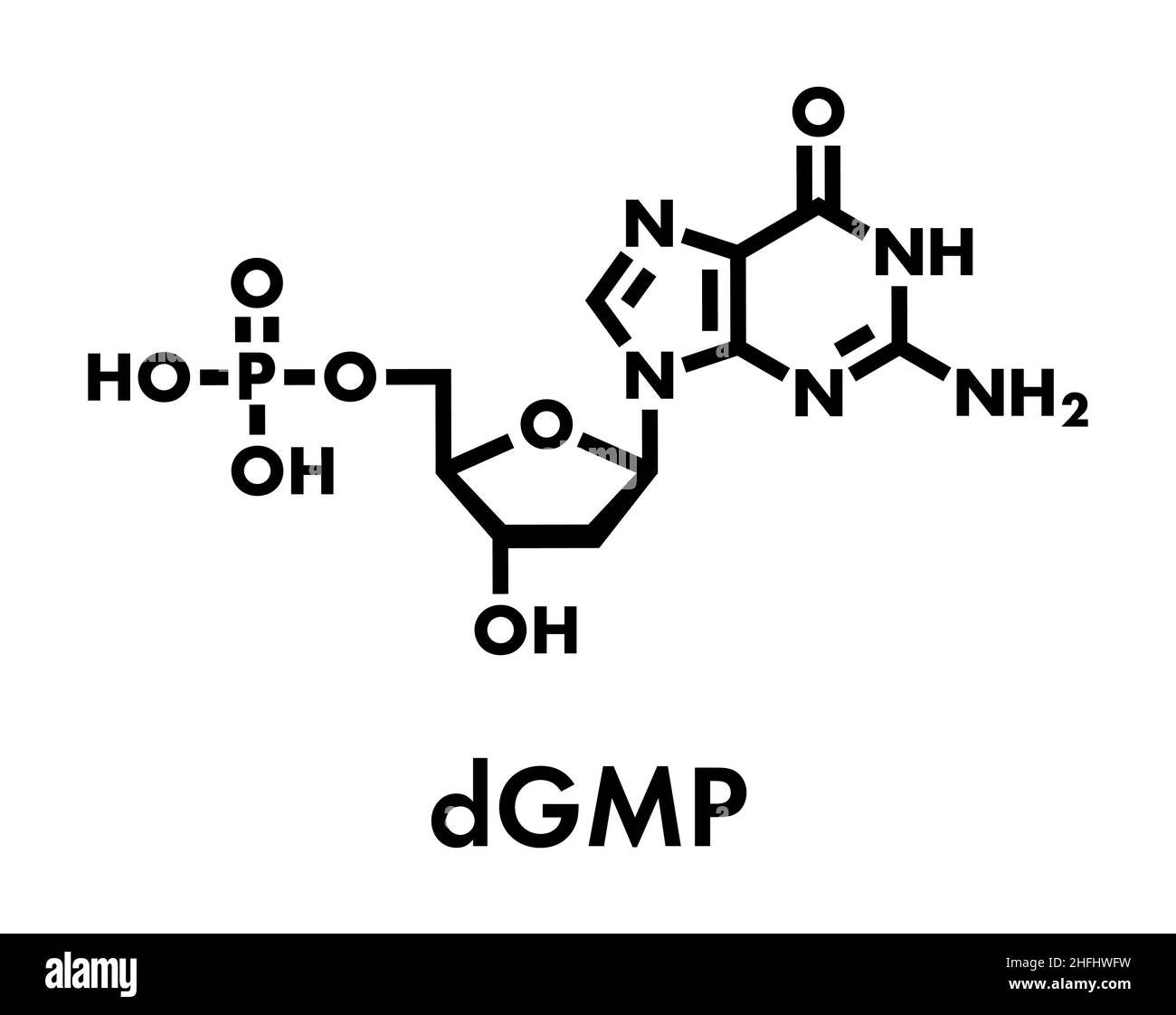 Molécule de nucléotides désoxyguanosine monophosphate (DGMP). Bloc de construction de l'ADN. Formule du squelette. Illustration de Vecteur