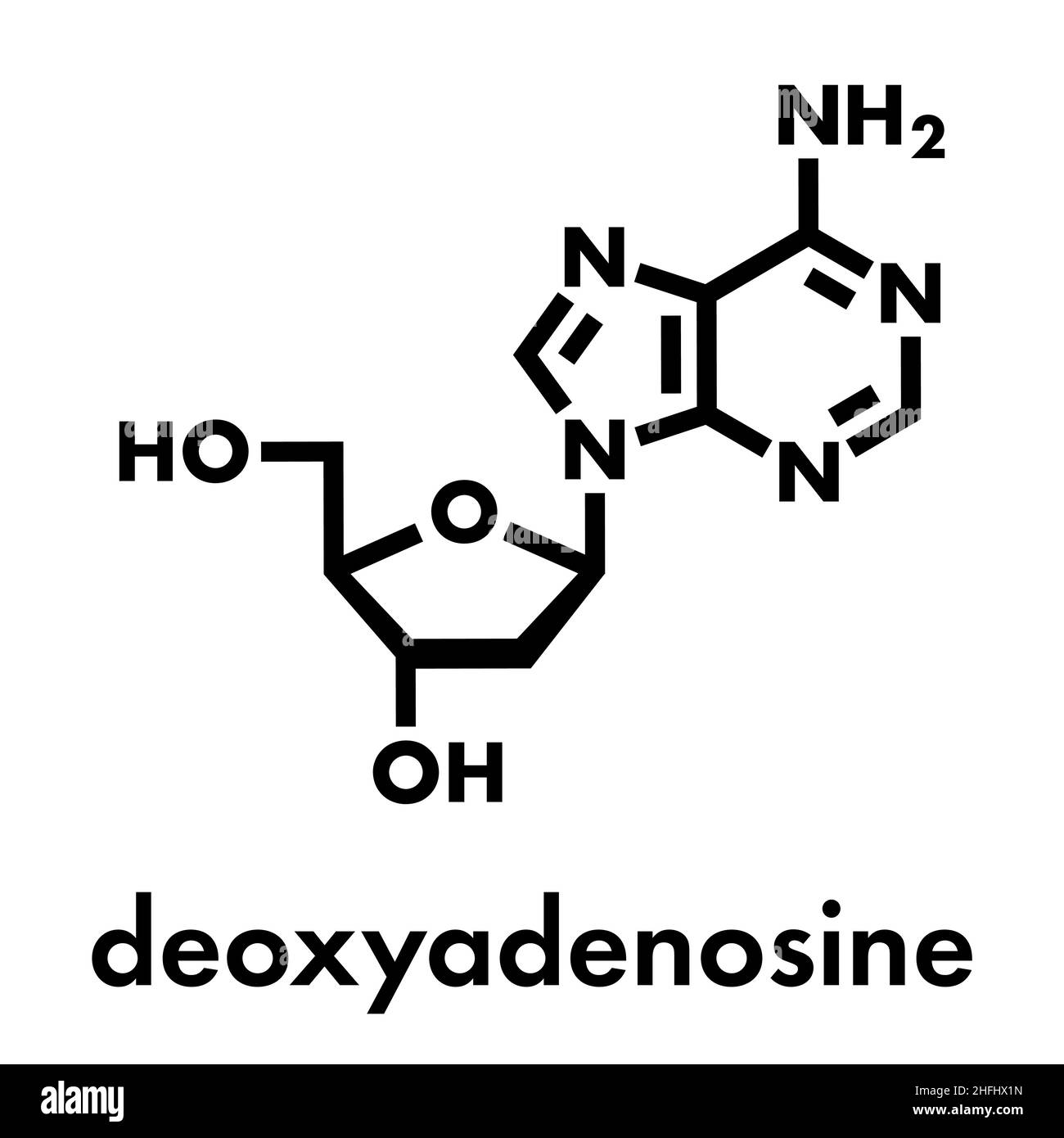 Molécule de nucléoside de désoxyadénosine (da). Bloc de construction de l'ADN. Formule du squelette. Illustration de Vecteur