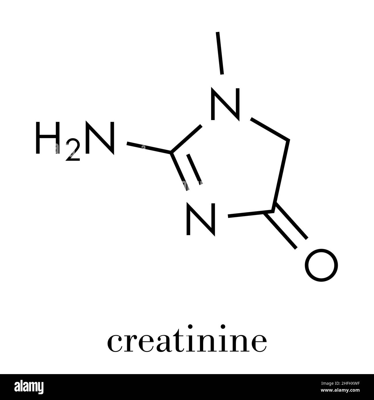 Molécule de créatinine. Produit de décomposition de créatine. La clairance de la créatinine est utilisée pour mesurer la fonction rénale. Formule squelettique. Illustration de Vecteur