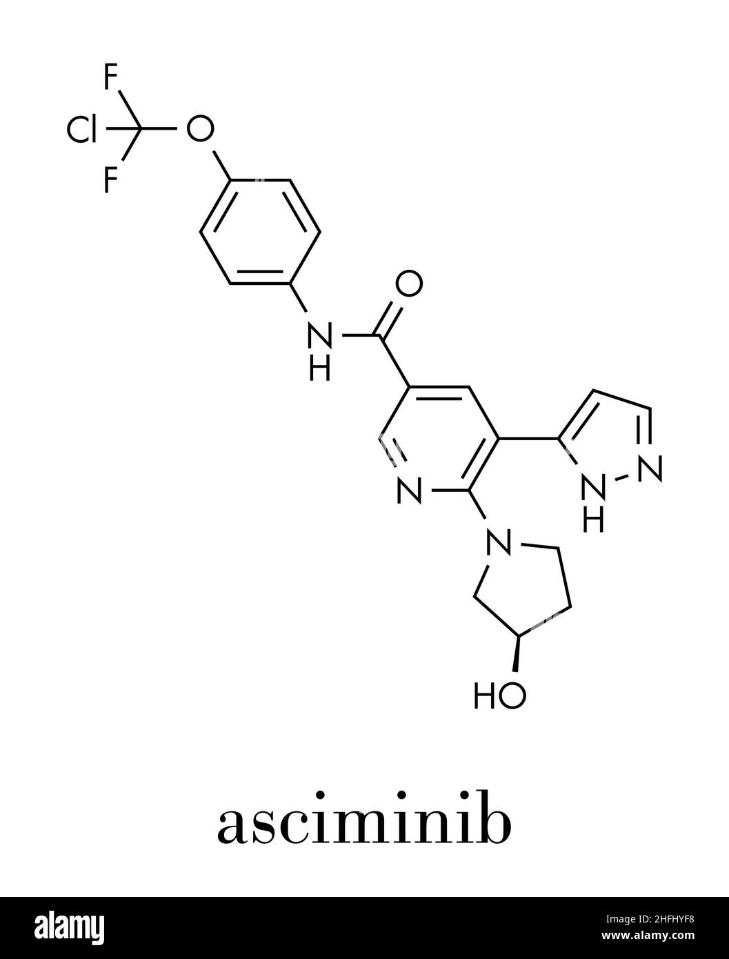 Molécule de médicament contre le cancer d'Asciminib.Formule squelettique. Illustration de Vecteur