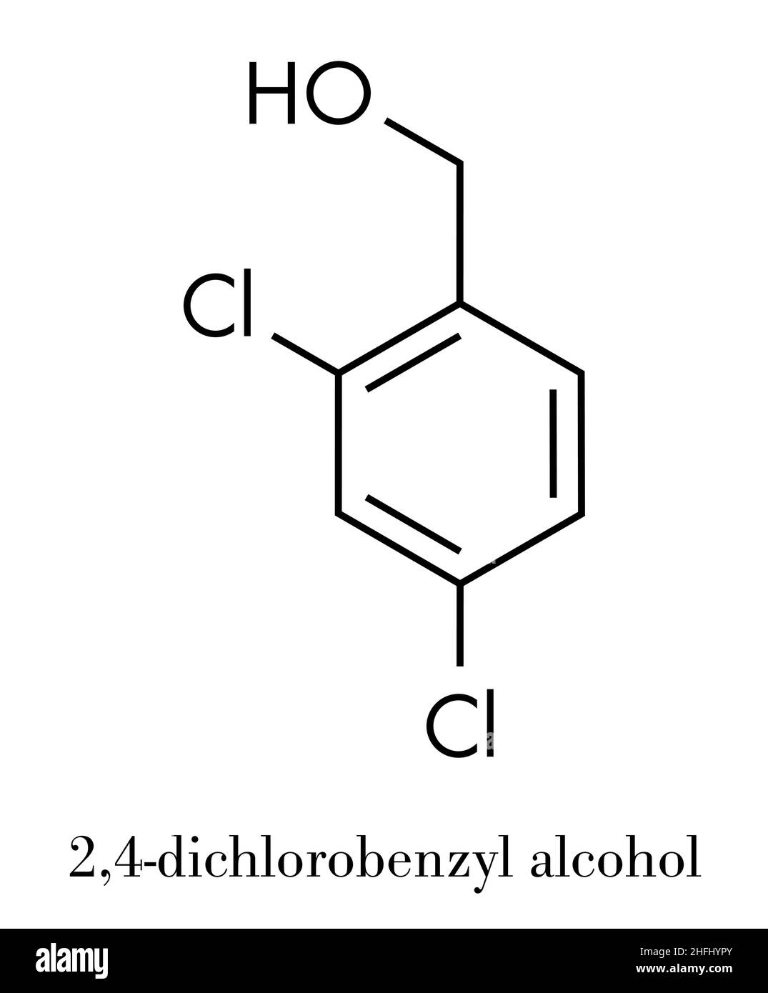 2,4-dichlorobenzyl alcool antiseptique molécule.Utilisé dans les pastilles pour traiter le mal de gorge.Formule squelettique. Illustration de Vecteur