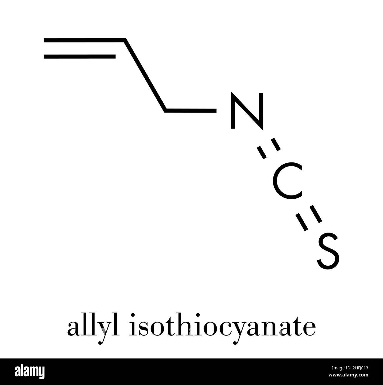 L'allyle isothiocyanate mustard l'âcreté molécule. Responsable de goût piquant de la moutarde, le wasabi et le radis. Formule topologique. Illustration de Vecteur