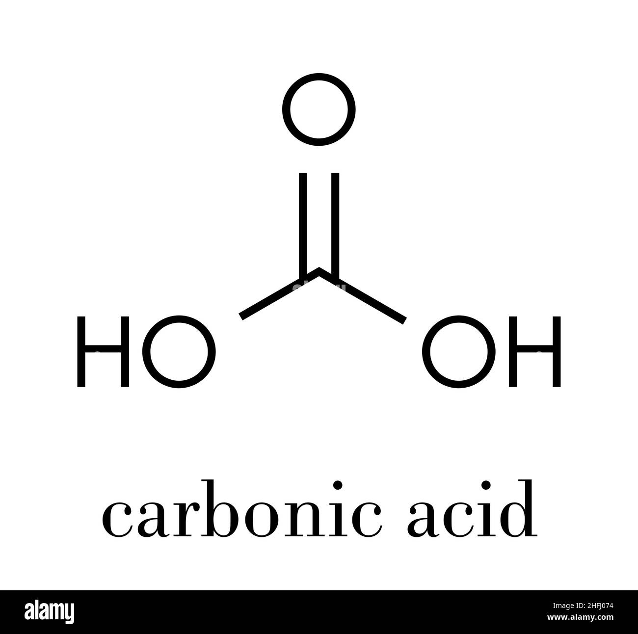 Molécule d'acide carbonique. Formé lorsque le dioxyde de carbone est dissous dans l'eau (eau gazéifiée). Formule du squelette. Illustration de Vecteur