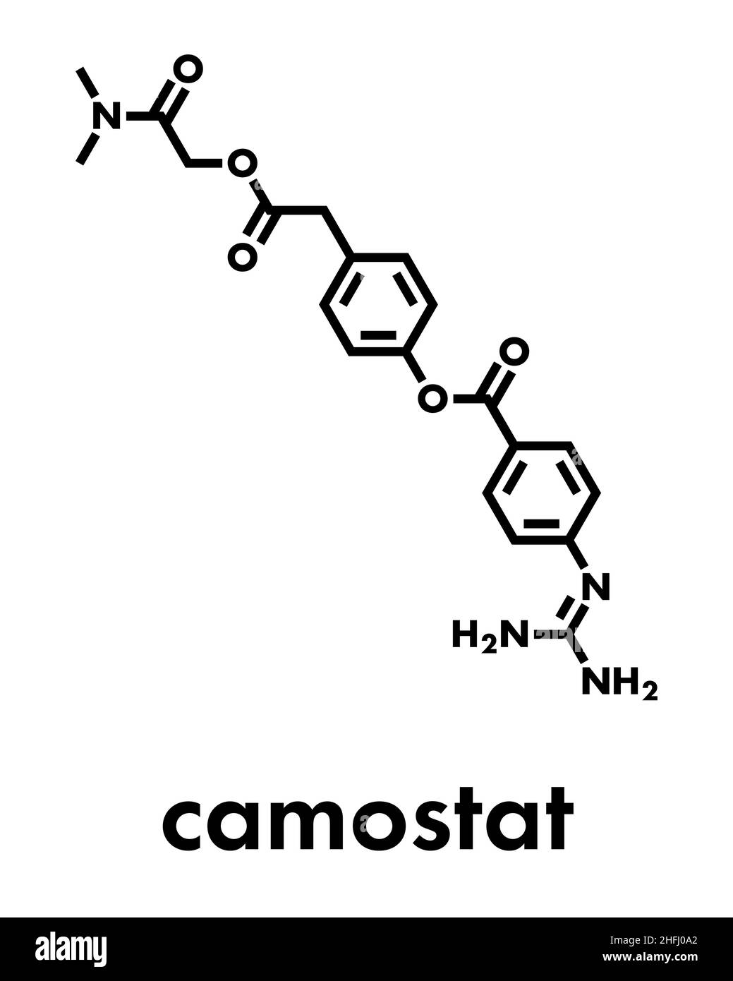 Molécule de médicament Camostat. Inhibiteur de protéase de sérine, étudié pour le traitement de Covid-19. Formule squelettique. Illustration de Vecteur