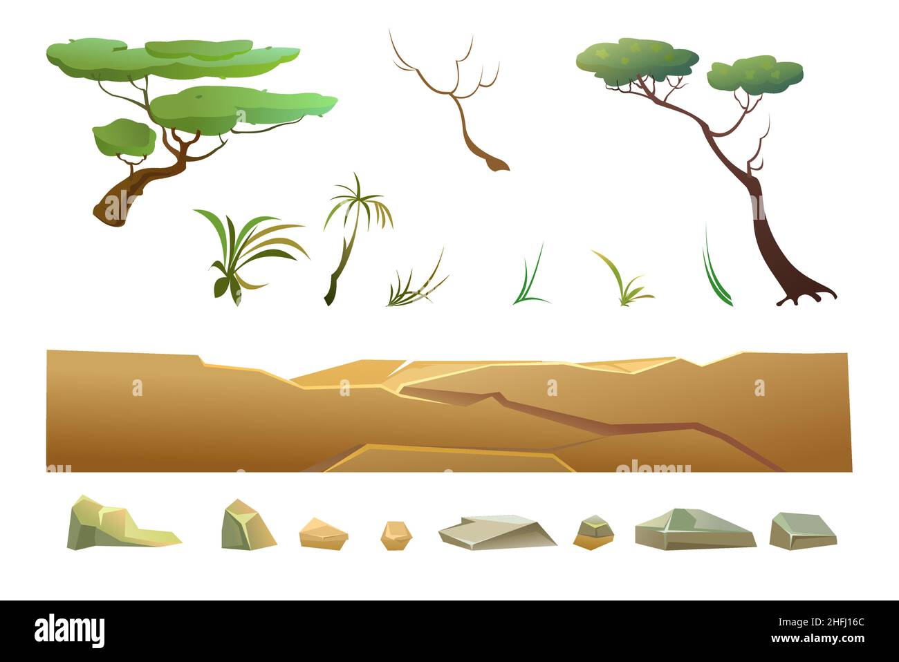Ensemble d'arbres et de plantes.Pierres, falaises et rochers.Paysage de la campagne sud.Style de dessin animé.Isolé sur fond blanc.Vecteur. Illustration de Vecteur