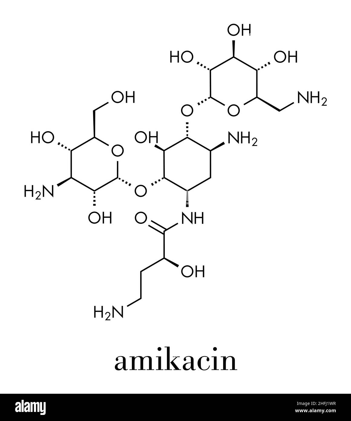 Amikacine aminoglycoside molécule antibiotique.Principalement utilisé comme traitement de dernier recours de bactéries Gram-négatives multirésistantes.Formule squelettique. Illustration de Vecteur