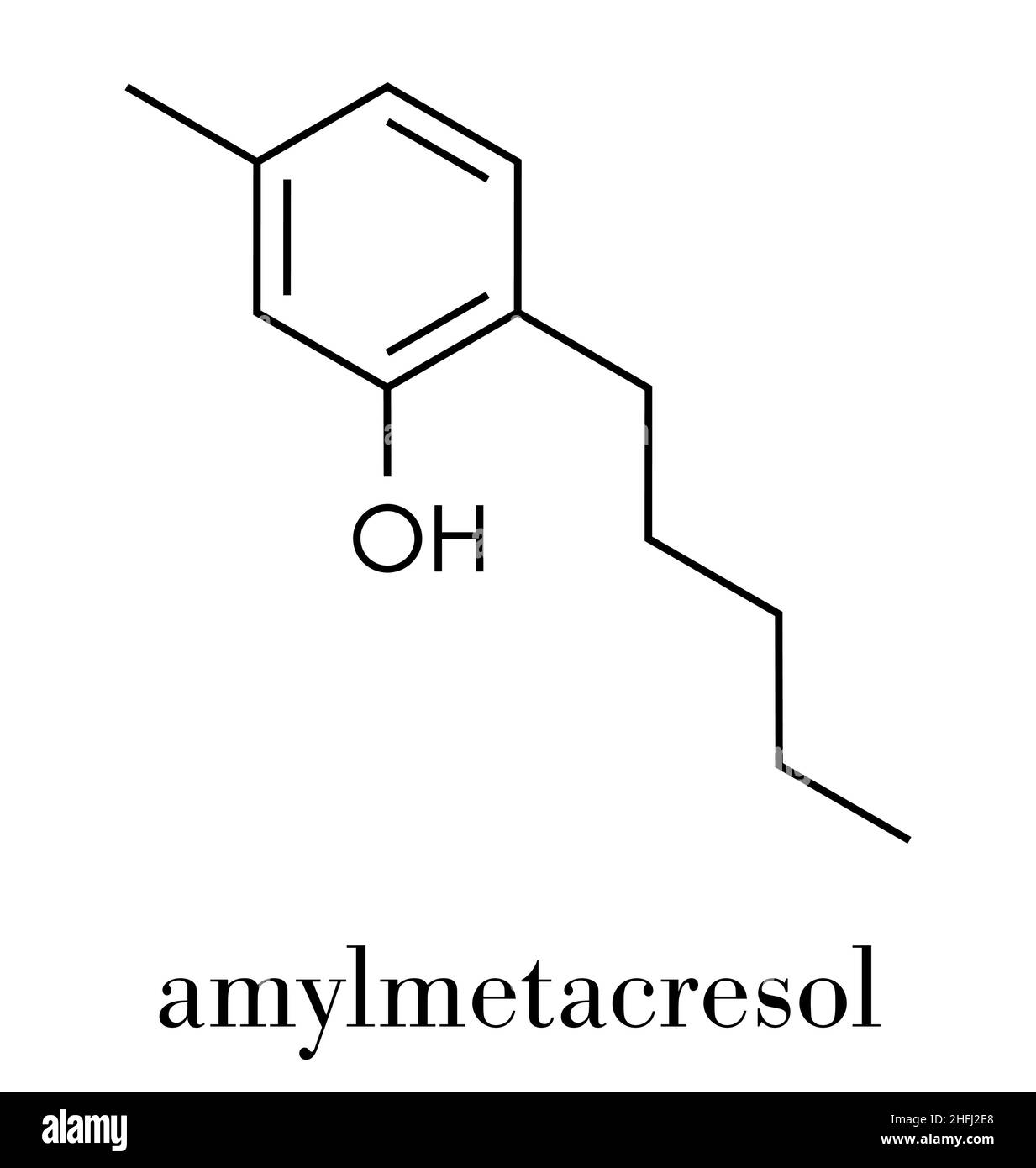 Molécule antiseptique Amylmetacrésol.Utilisé dans les pastilles pour traiter le mal de gorge.Formule squelettique. Illustration de Vecteur