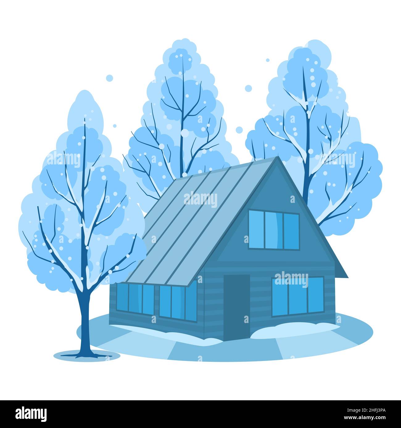 Hiver.Maison entourée d'arbres Illustration de Vecteur