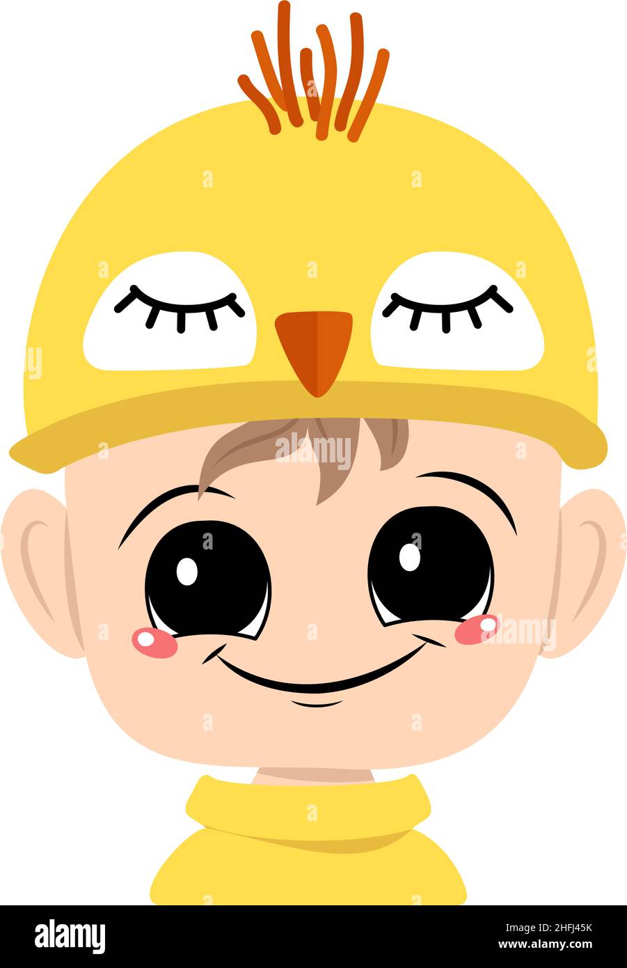 Avatar d'un garçon aux yeux grands et grand sourire heureux dans un joli chapeau de poulet jaune.Chef d'enfant avec un visage joyeux pour les vacances de Pâques, le nouvel an ou costume pour la fête.Illustration vectorielle plate Illustration de Vecteur