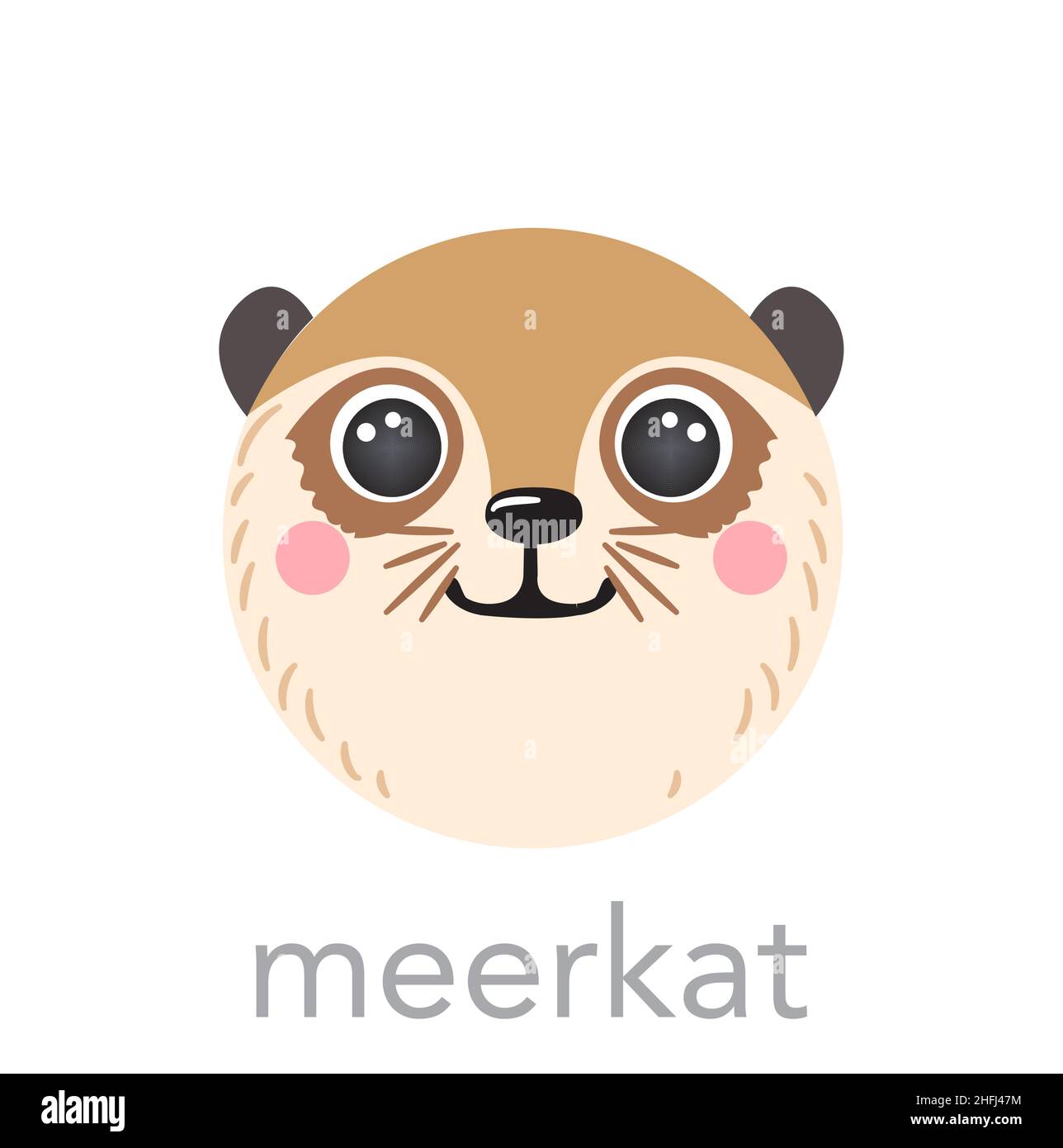 Meerkat mignon portrait avec le nom texte smiley tête dessin animé forme ronde visage animal, isolé vecteur icônes illustrations sur fond blanc.Plat simple dessiné à la main pour enfants affiche, cartes, t-shirts, bébé Illustration de Vecteur