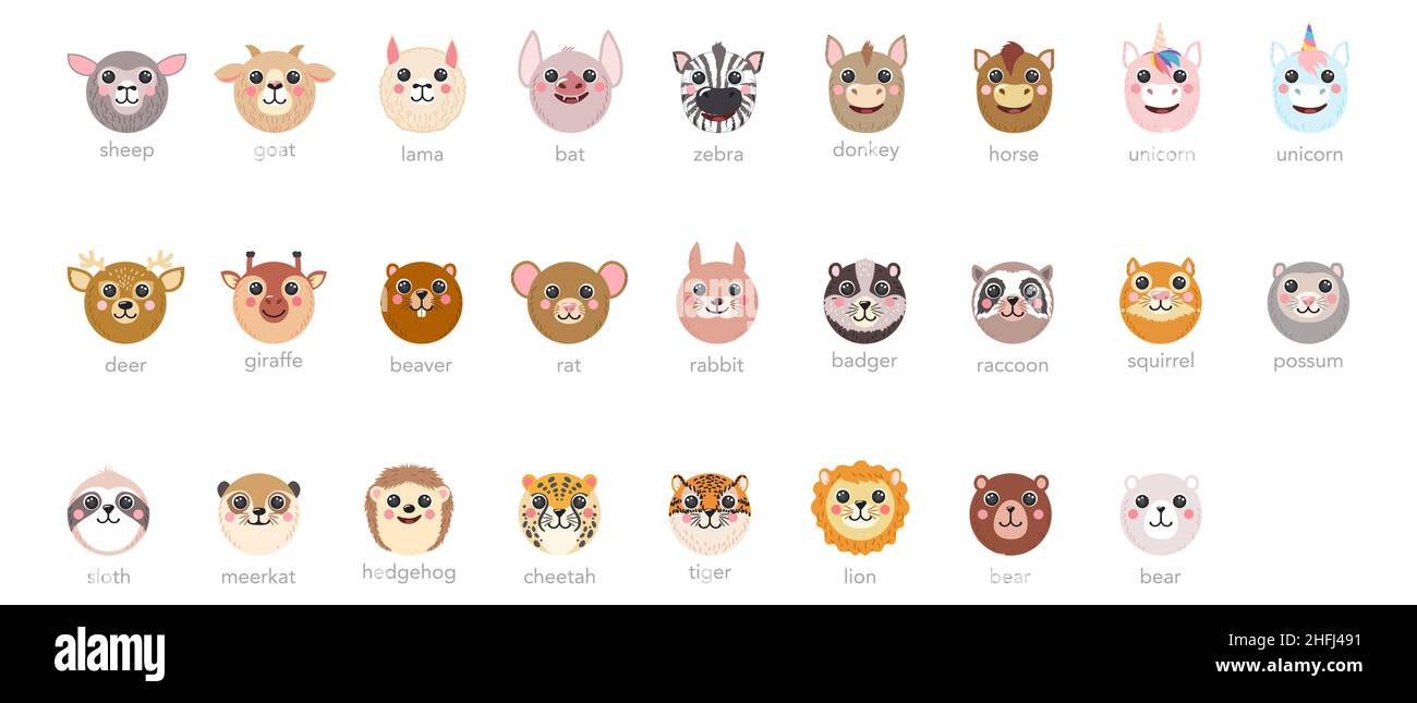 Têtes rondes animaux ensemble jolis portraits avec des noms de texte dessin animé illustration vecteur plat licorne, lama, ours, tigre, lapin,Âne, mouton isolé sur fond blanc pour interface utilisateur, application, mobile, poster pour enfants Illustration de Vecteur