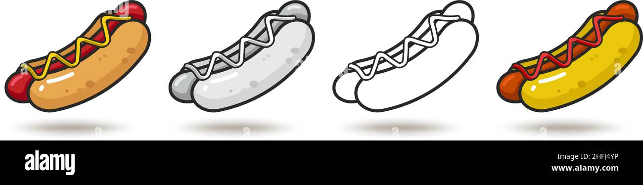Symbole vectoriel coloré de quatre hot dogs. Isolé sur fond blanc. Illustration de Vecteur