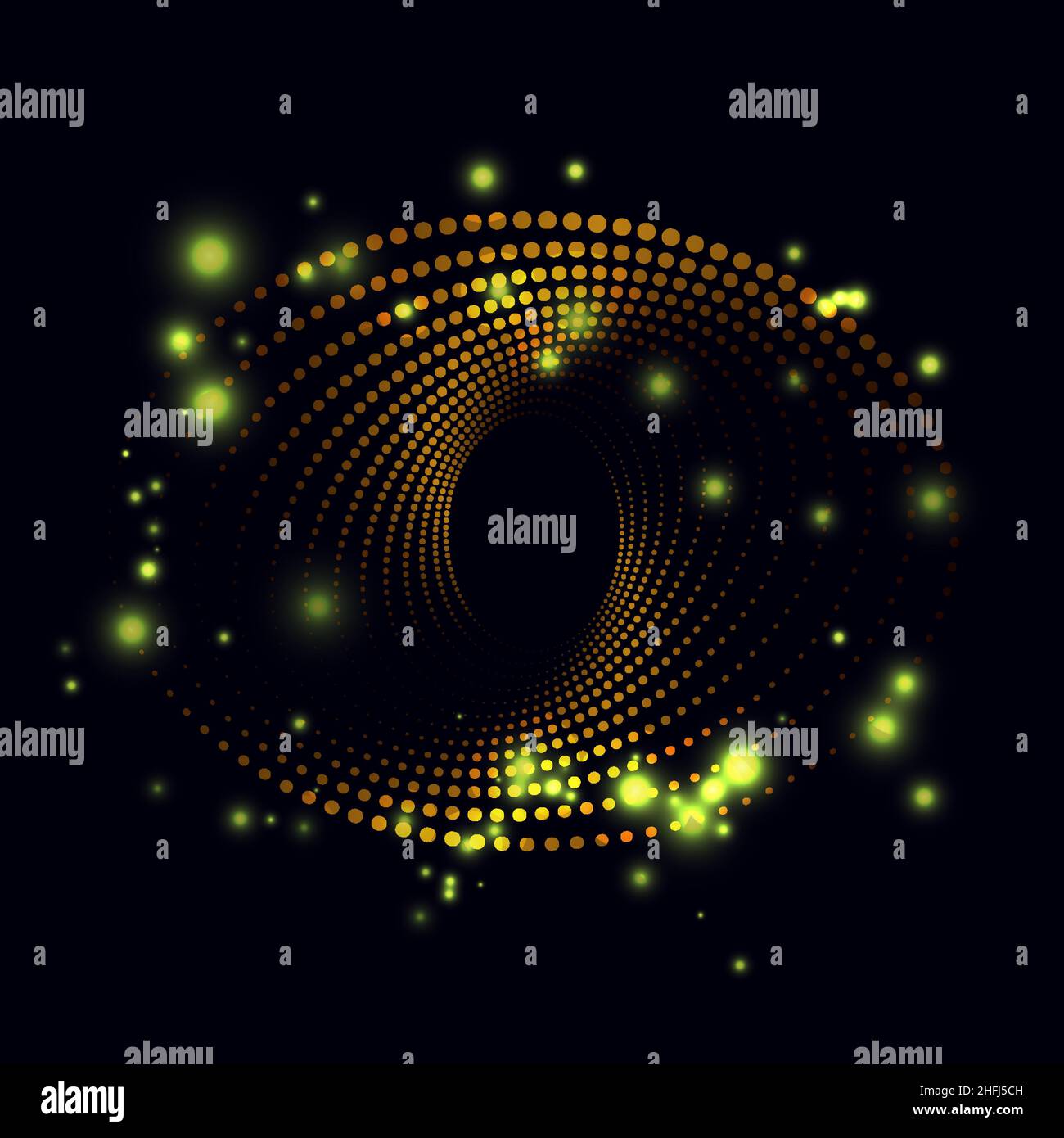 Forme abstraite d'ellipse en spirale composée de points demi-ton, d'étincelles scintillantes de couleur dorée, illustration vectorielle sur fond sombre Illustration de Vecteur