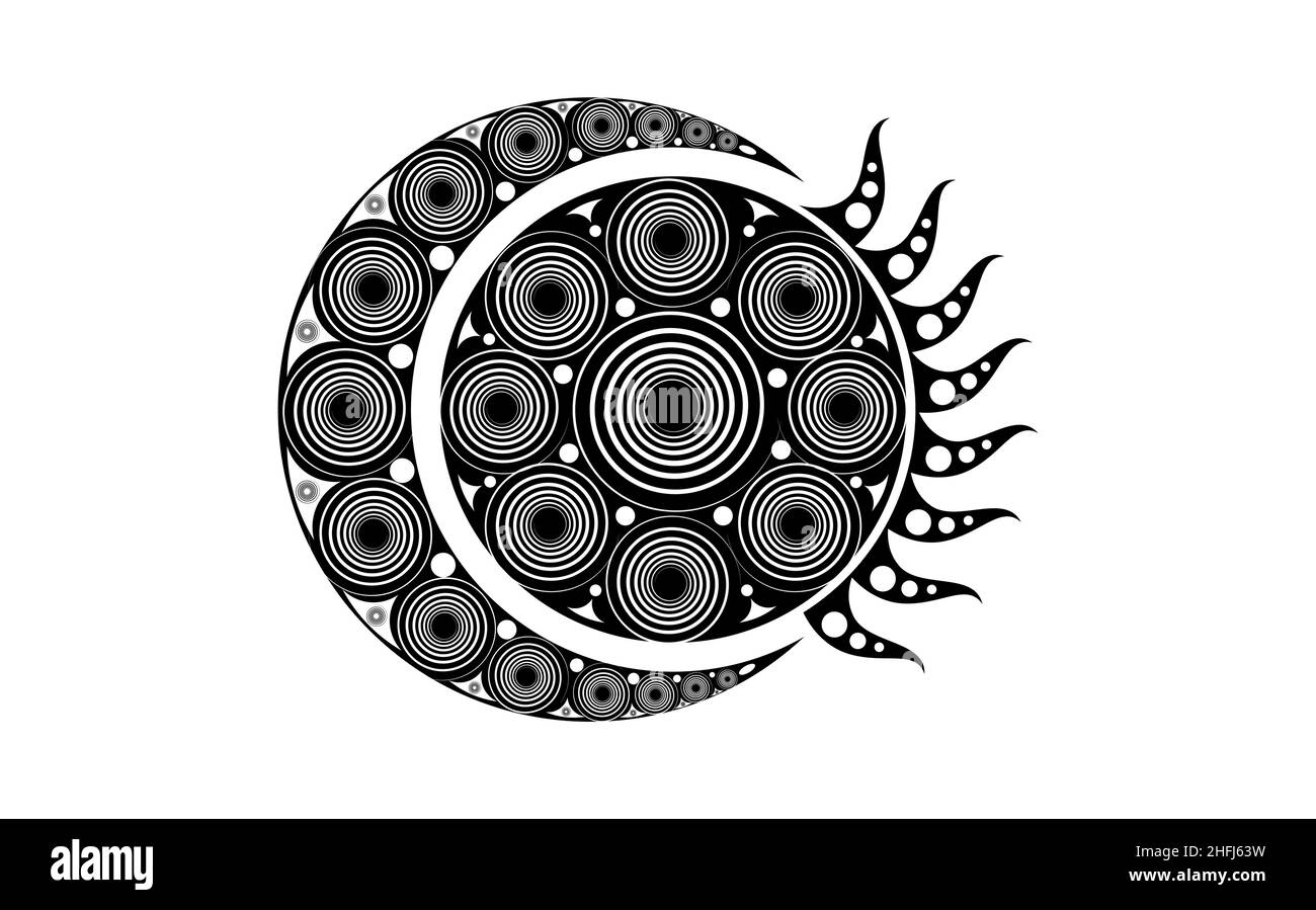 La Lune celtique en spirale et le Soleil celtique, les signes ésotériques et occultes, le motif de la lune en croissant, le soleil radiant ésotérique, l'illustration vectorielle isolée sur le blanc Illustration de Vecteur