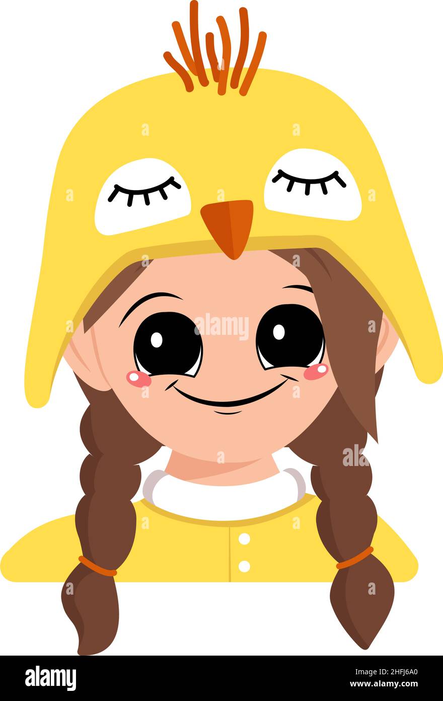 Avatar d'une fille avec de grands yeux et grand sourire heureux dans un joli chapeau de poulet jaune.Chef d'enfant avec un visage joyeux pour les vacances de Pâques, le nouvel an ou costume pour la fête.Illustration vectorielle plate Illustration de Vecteur