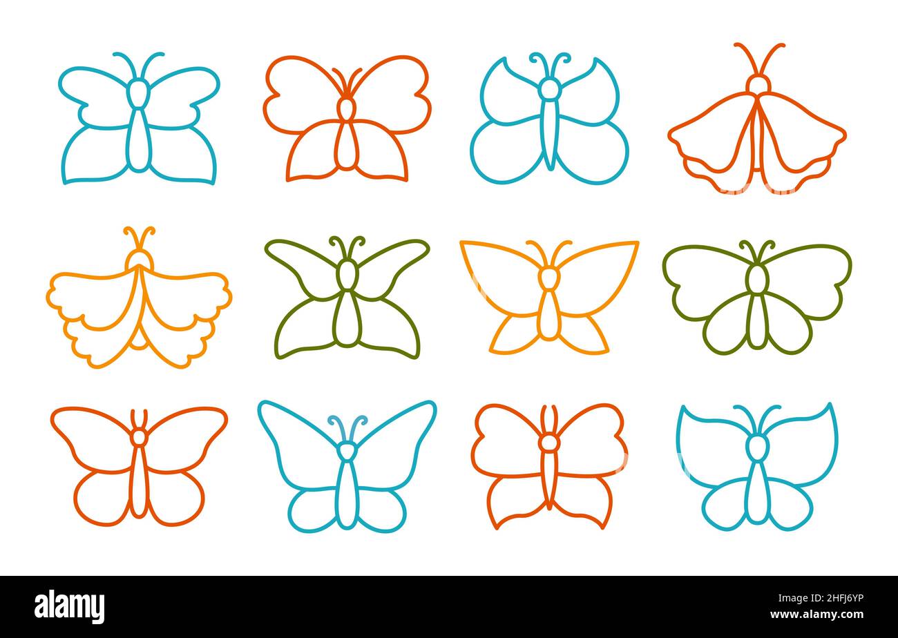 Ensemble de symboles papillon.Élégante icône exotique papillons et papillons de nuit stencil dessin illustration enfant.Résumé insecte tropical stylisé, ailes de contour.Animaux sauvages enfants dessin à la main Doodle design vector Illustration de Vecteur