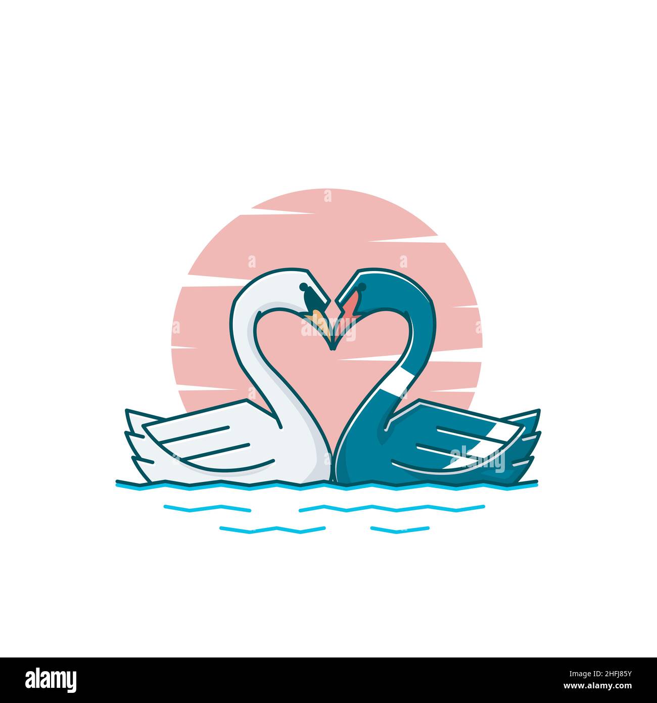 Love Heart Swan Goose couple Duck Swimming Vector Cartoon Illustration de Vecteur