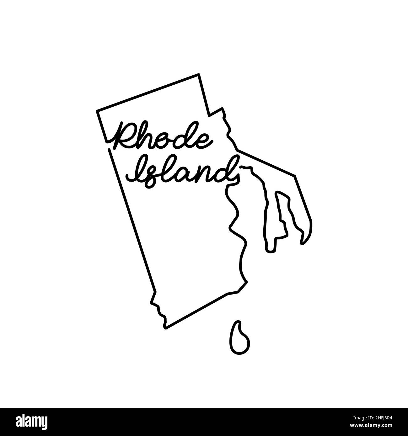 Carte de l'état américain du Rhode Island avec le nom manuscrit de l'état.Dessin de ligne continue de signe de maison patriotique.Un amour pour une petite patrie.T-shir Illustration de Vecteur