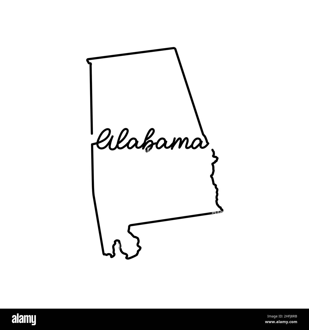 Plan de l'état américain de l'Alabama avec le nom de l'état manuscrit.Dessin de ligne continue de signe de maison patriotique.Un amour pour une petite patrie.t-shirt pri Illustration de Vecteur
