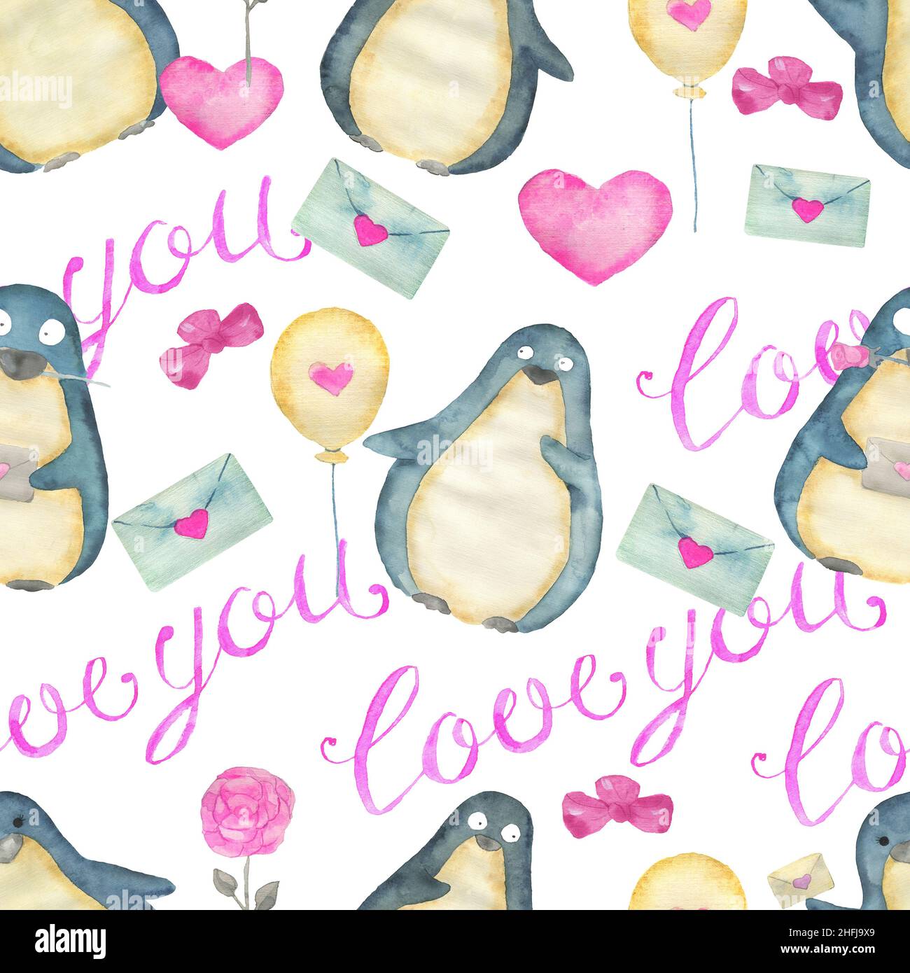 Ensemble de motifs avec adorable oiseau de pingouin kawaii avec coeurs et symboles d'amour isolés sur blanc, carte de vœux concept pour la Saint-Valentin Banque D'Images