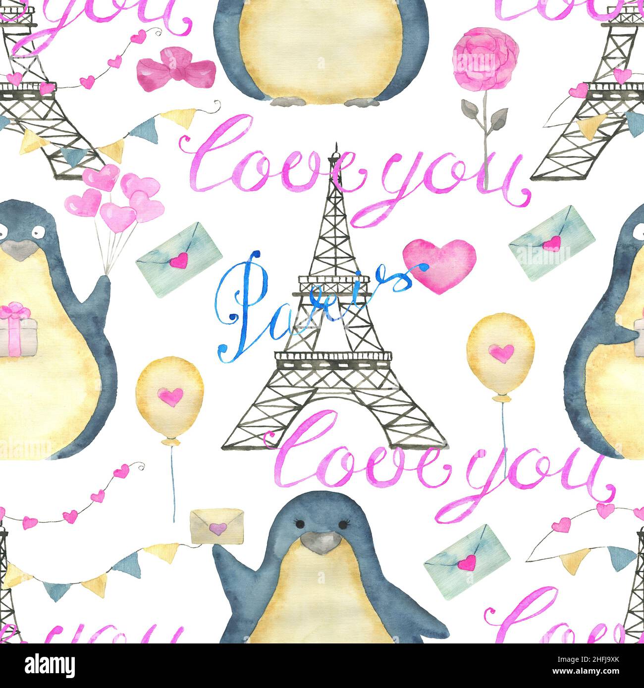 Ensemble de motifs avec adorable oiseau de pingouin kawaii avec coeurs et symboles d'amour isolés sur blanc, carte de vœux concept pour la Saint-Valentin Banque D'Images