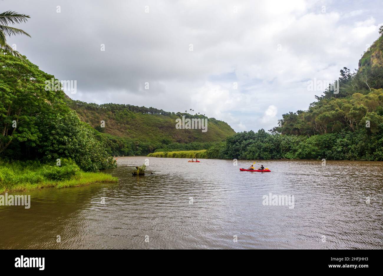 Kauai, Hawaï - 9 décembre 2021 : paysage tropical pittoresque près de la rivière Wailua et du village hawaïen de Kamokila sur l'île de Kauai, Hawaï.Les gens kayak o Banque D'Images
